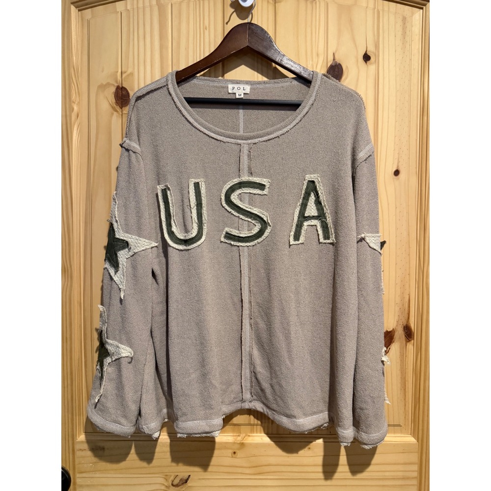 POL USA Star Patch Distressed Knit Sweater Tan Olive Green FKT1323A Womens M
